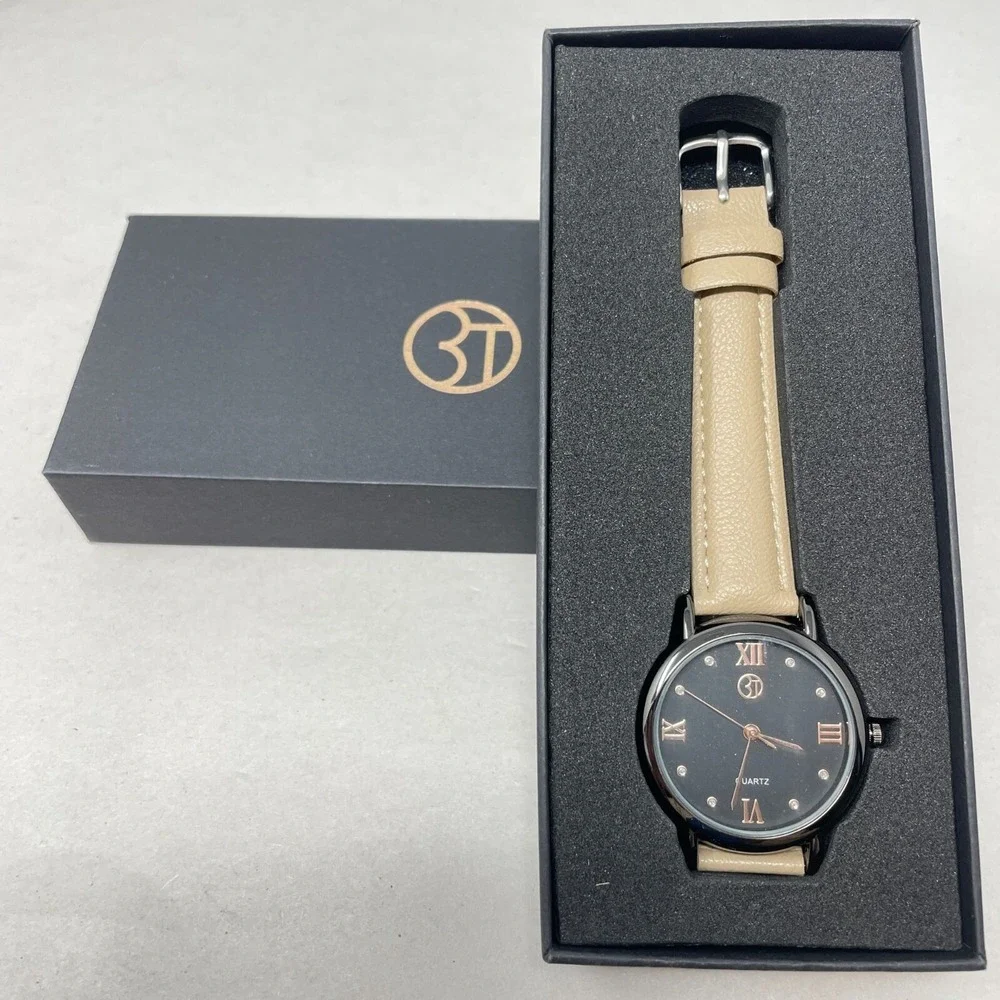 3T Watch Tan Band Quartz Movement Stainless Steel Back‎ Gift Box Black Dial